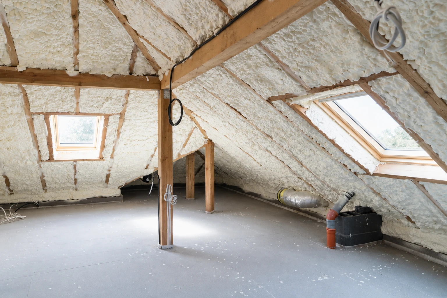 Attic rafters coated with white spray foam insulation, with two skylights and exposed framing.