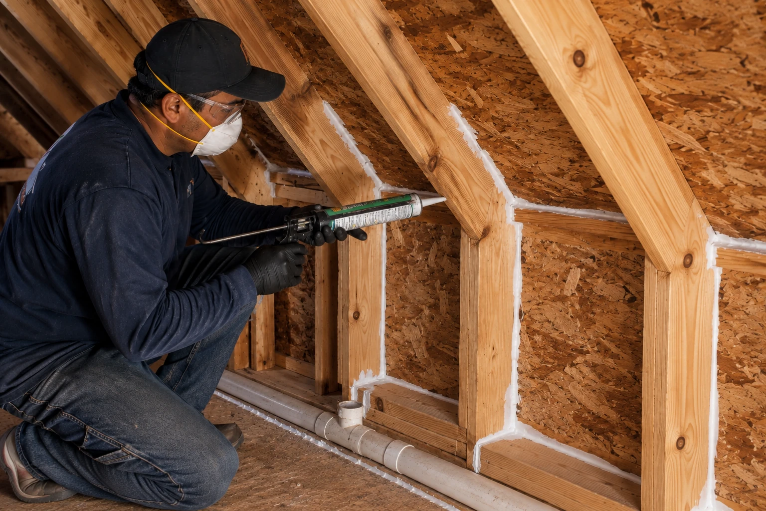 Worker uses a caulking gun to seal gaps between wooden attic framing with white foam.