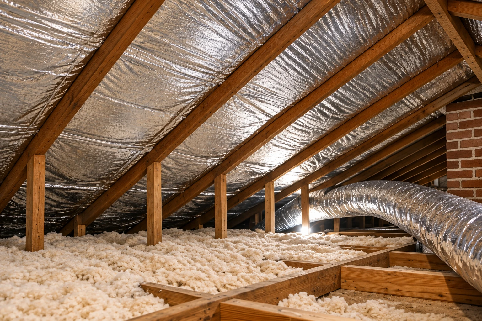 An attic with loose-fill insulation on the floor, reflective foil lining the roof, and a large flexible duct.
