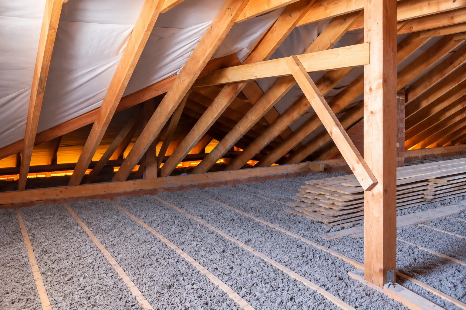 An attic has gray loose-fill insulation covering the floor beneath exposed wooden roof trusses.