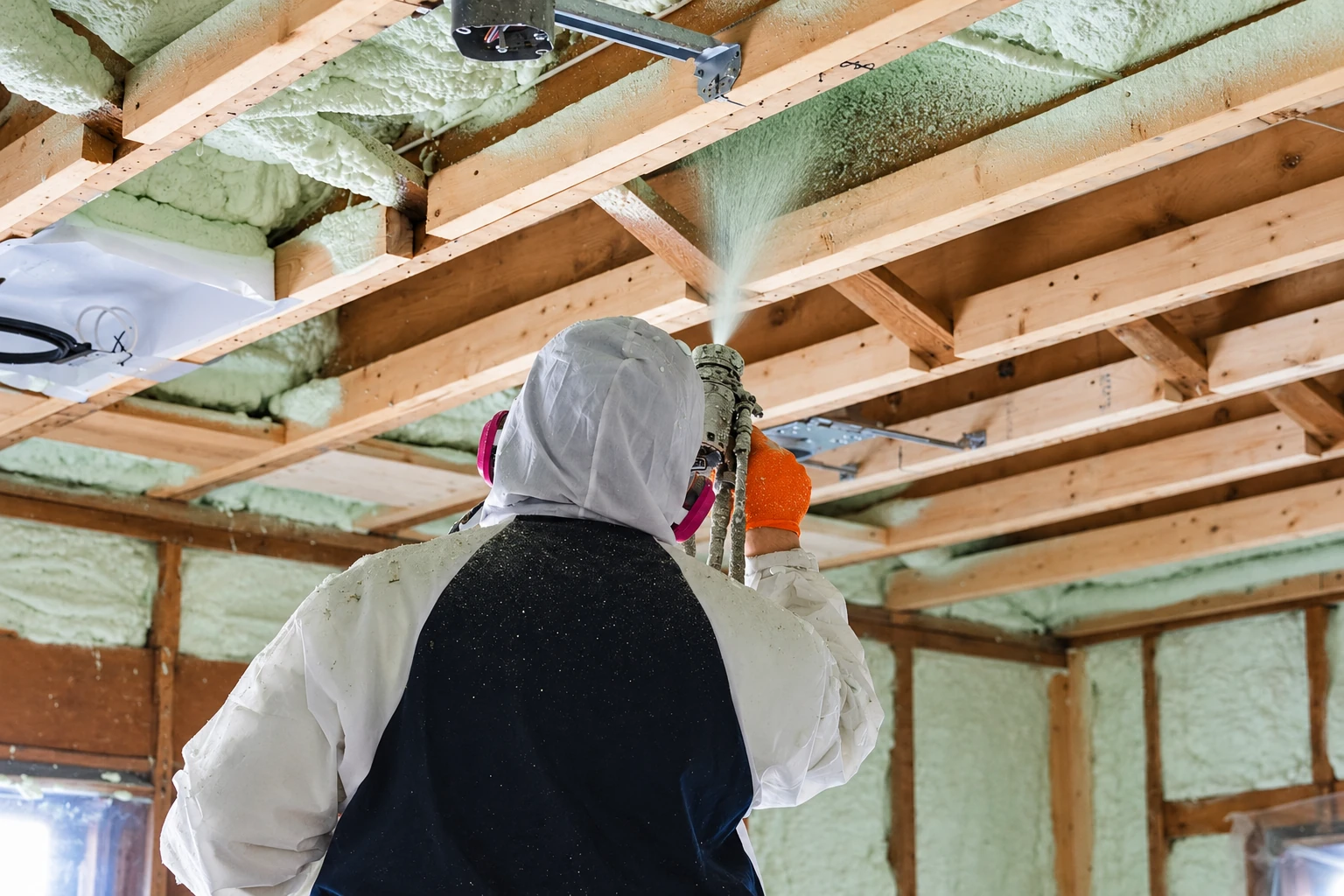 A worker in protective gear sprays foam insulation between exposed attic rafters.