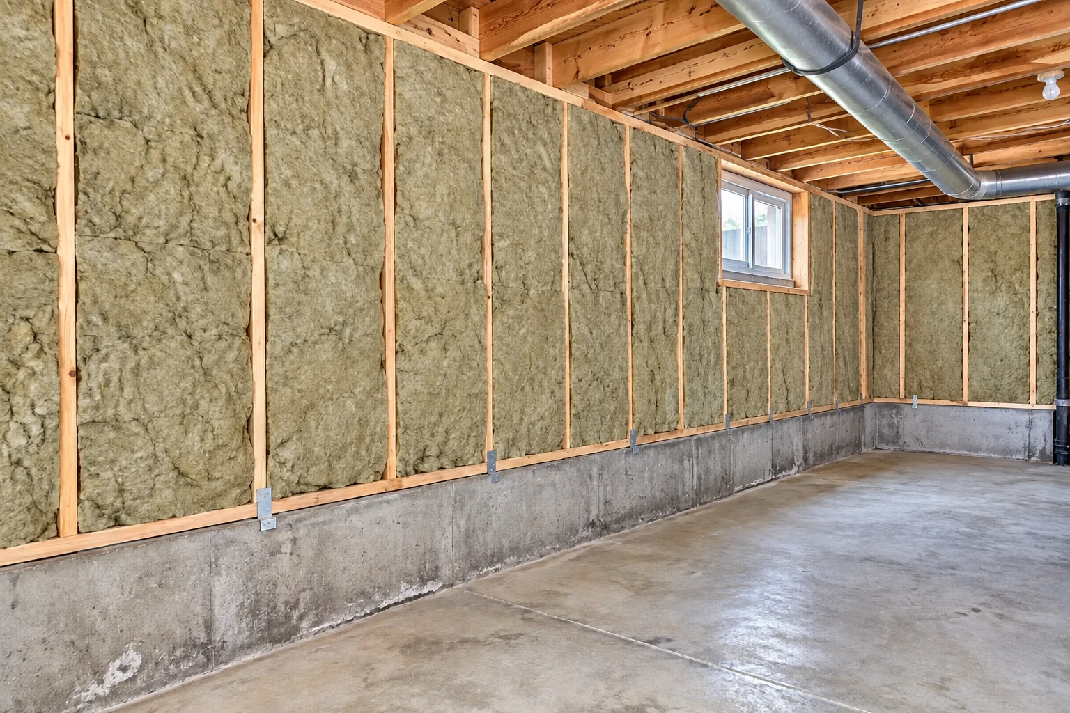 Basement with gray insulation batts fitted between wooden wall studs above a concrete foundation.