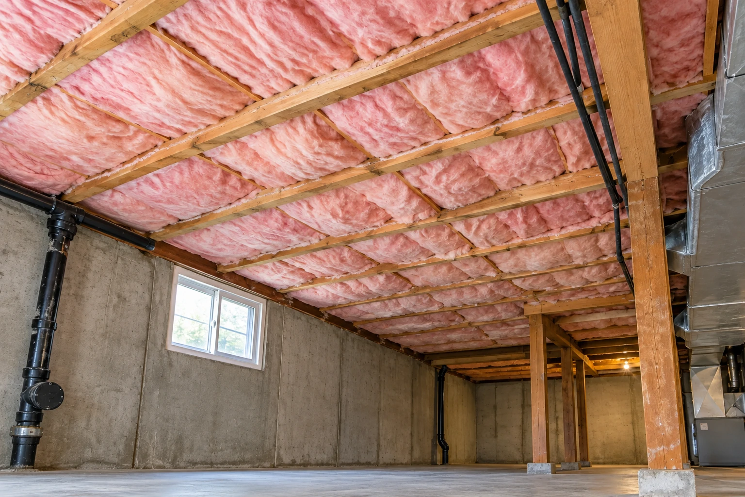 Pink batt insulation fills the ceiling joists of a concrete-walled basement.