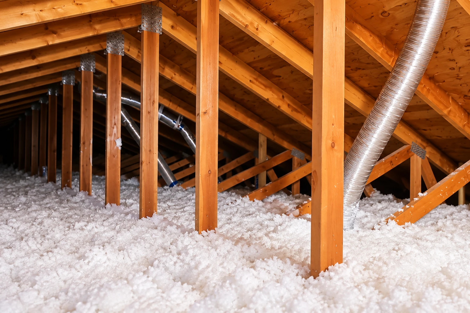 White blown-in insulation covers an attic floor beneath wooden rafters, with flexible ducts running through the space.