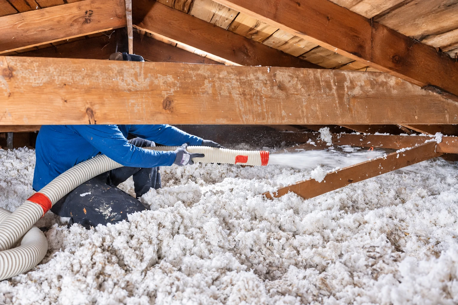 A worker directs a hose to spread loose-fill insulation across an attic floor beneath exposed wooden rafters.