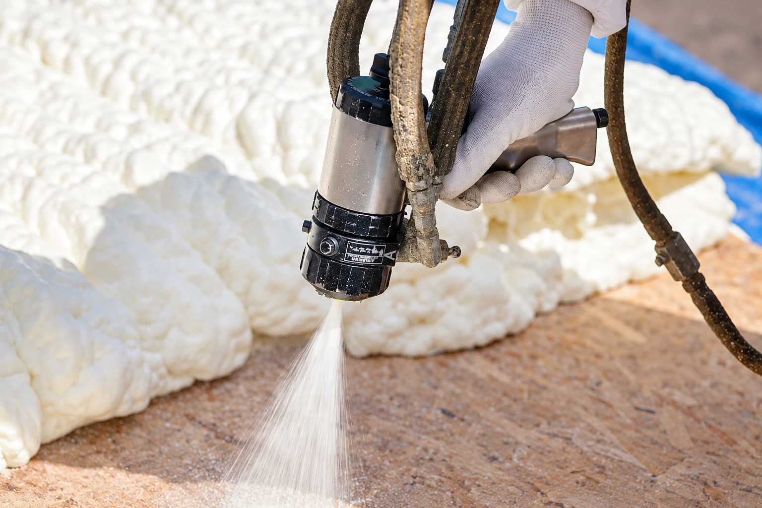 Close-up of a gloved hand spraying foam insulation onto a floor through a hose-connected nozzle.