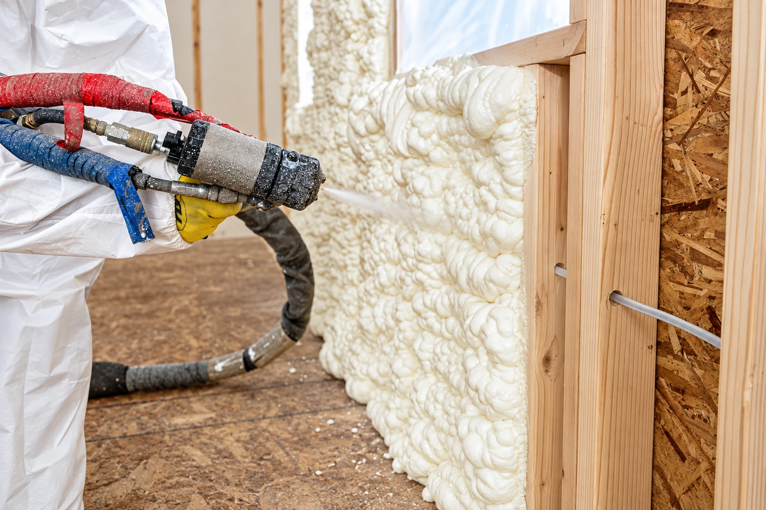 A worker sprays expanding foam into a framed wall cavity using a hose-mounted nozzle.