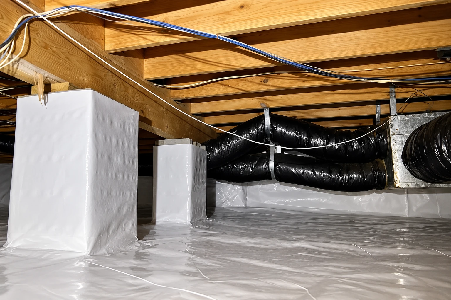 Crawl space with a white plastic vapor barrier covering the floor and support piers beneath exposed wooden joists and black ducts.