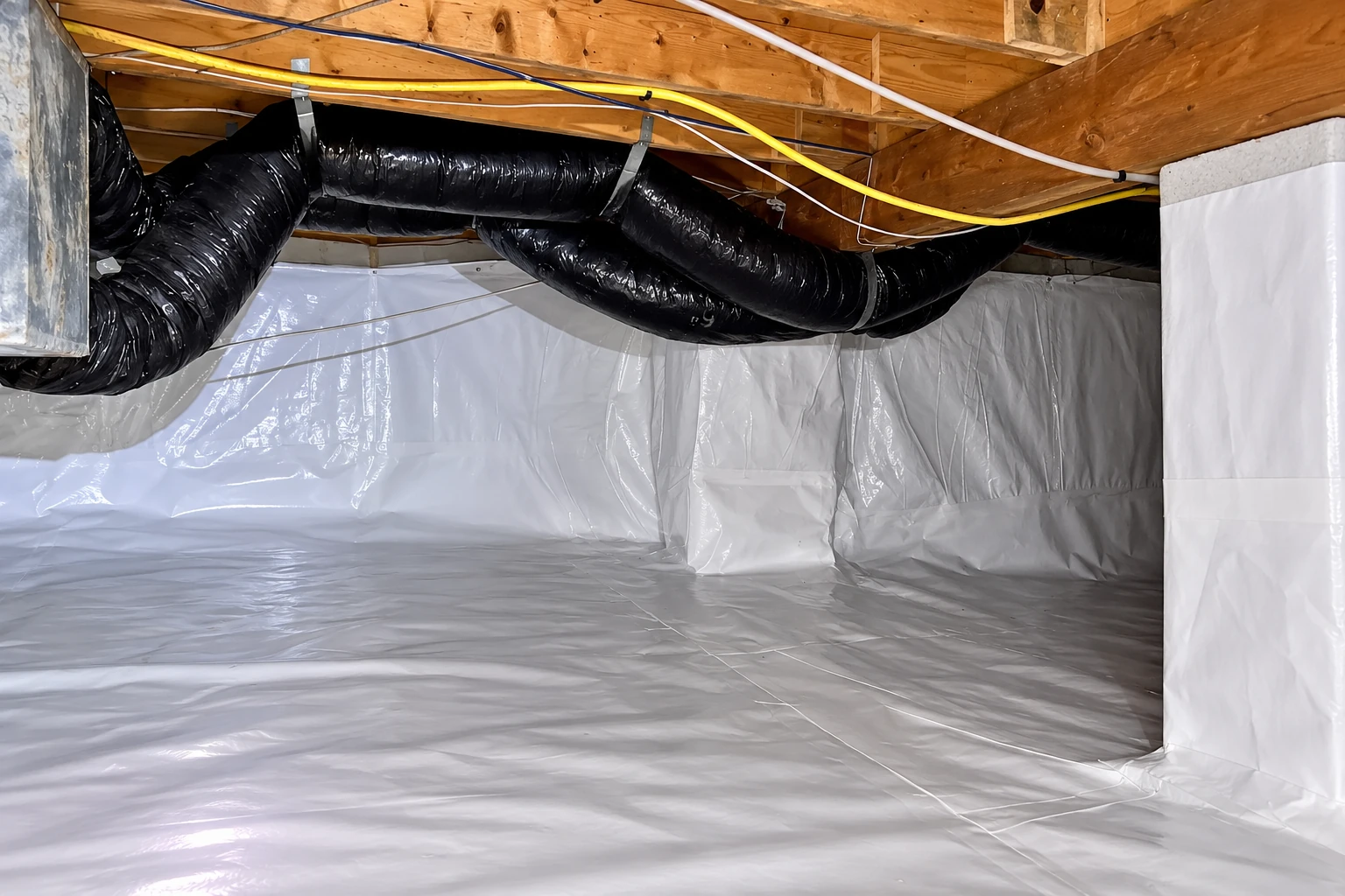 Crawl space with a white vapor barrier covering the floor and walls beneath wooden joists and black ductwork.