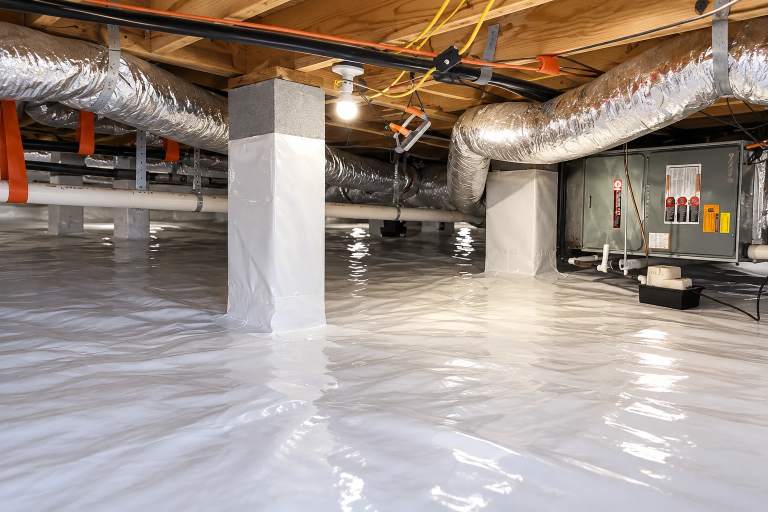 A crawl space floor is covered with white vapor barrier sheeting beneath ducts, pipes, and support posts.