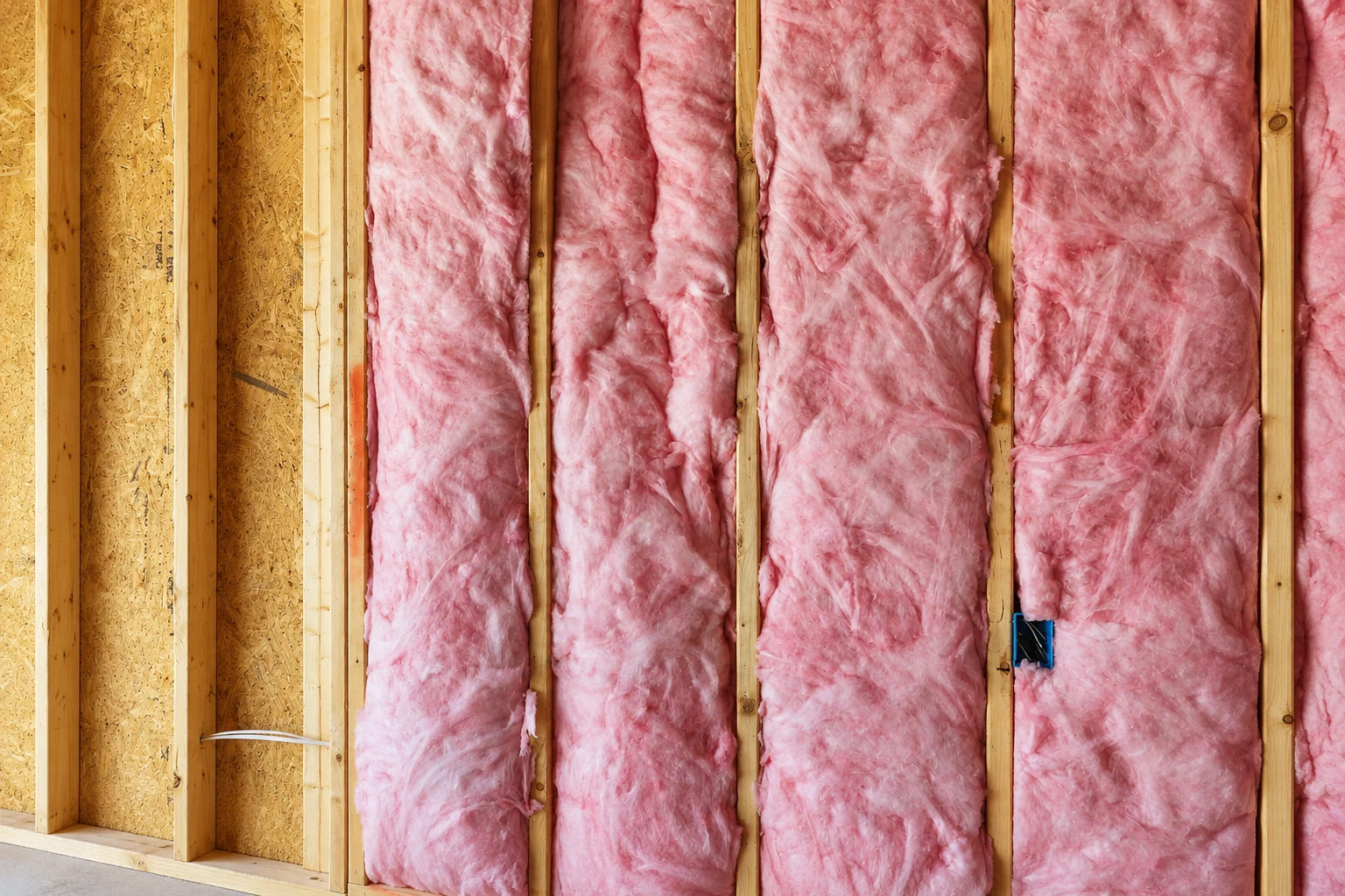 Pink fiberglass batts fill the bays between exposed wooden wall studs.