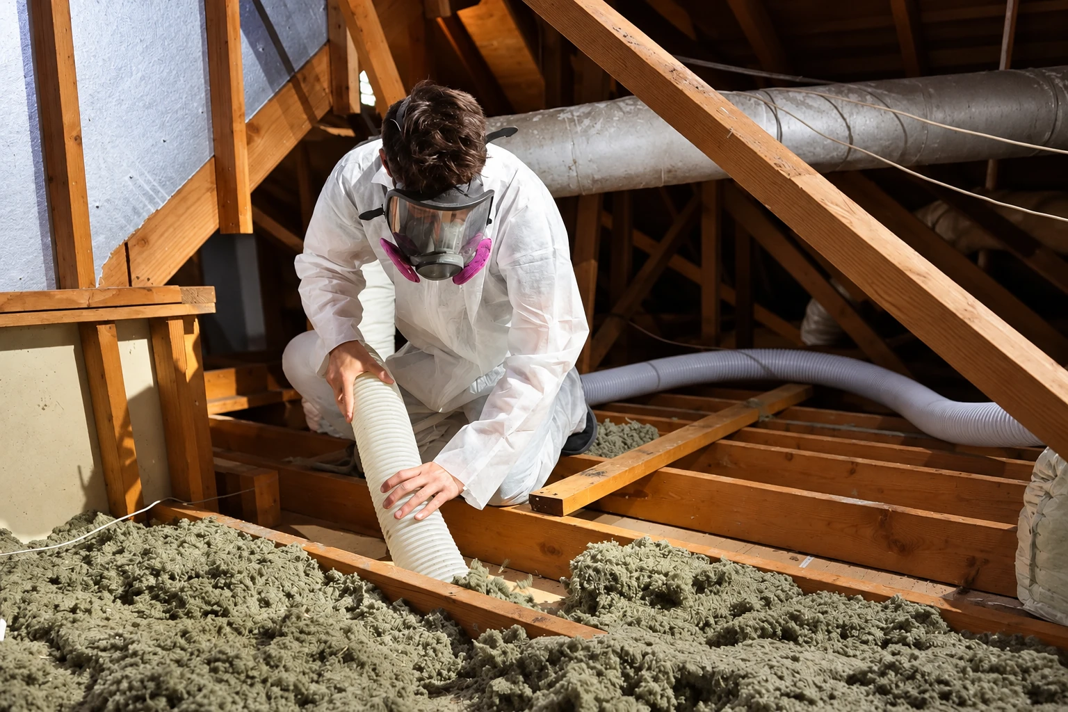 A worker in protective coveralls guides a hose over loose-fill attic insulation among exposed wooden joists.