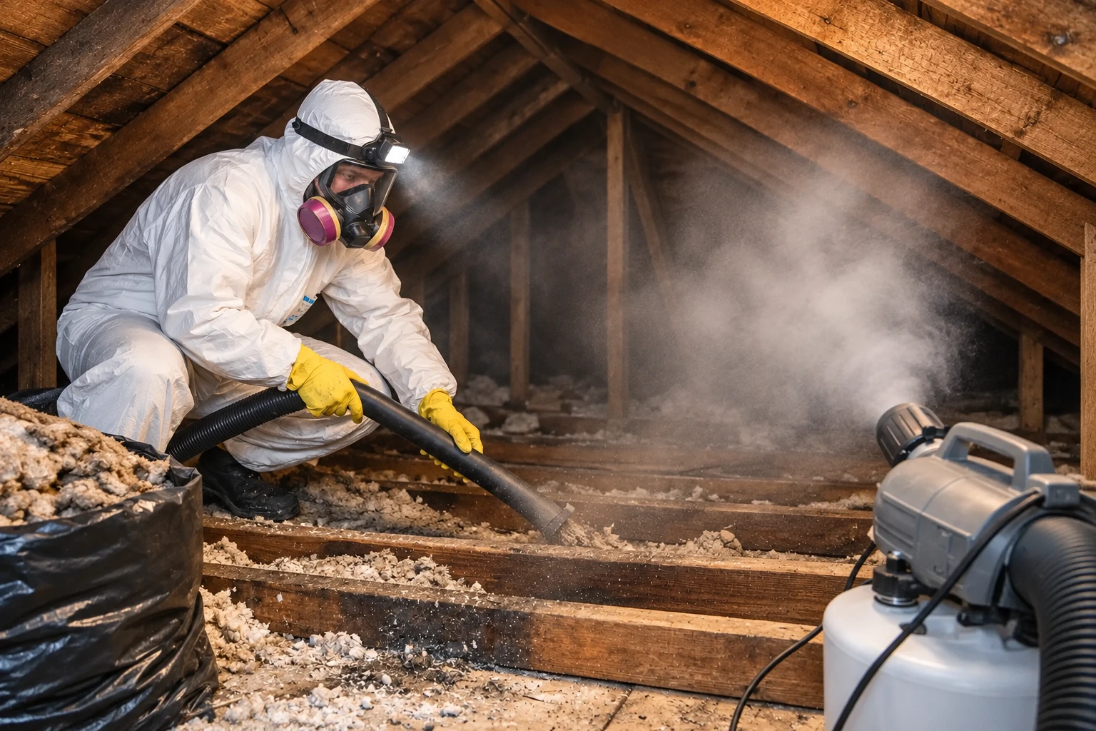 A worker in protective gear uses a hose to remove loose attic insulation among exposed wooden rafters.