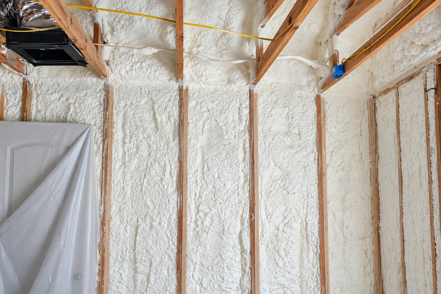 Open-cell foam insulation fills the walls and roof framing of a room, with exposed wooden studs and a covered fixture at left.