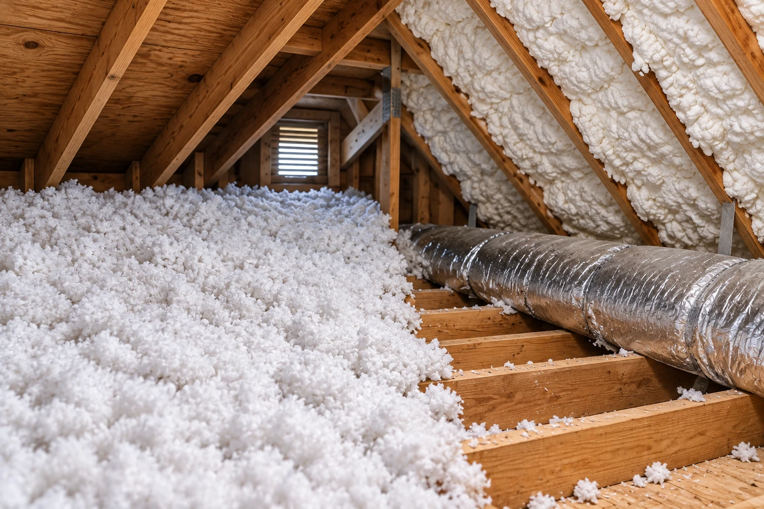 An attic has thick white blown-in insulation across the floor and between roof rafters beside a large duct.