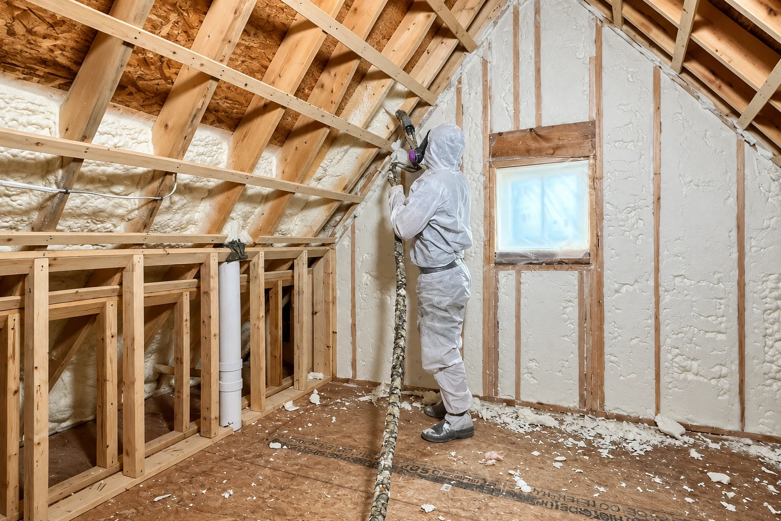 A worker in protective coveralls sprays foam insulation onto the exposed rafters and walls of an unfinished attic.
