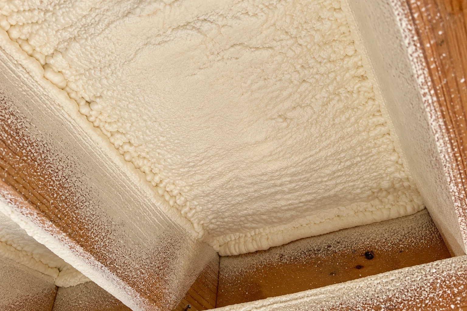Cream-colored spray foam covers the underside of a wooden roof structure.