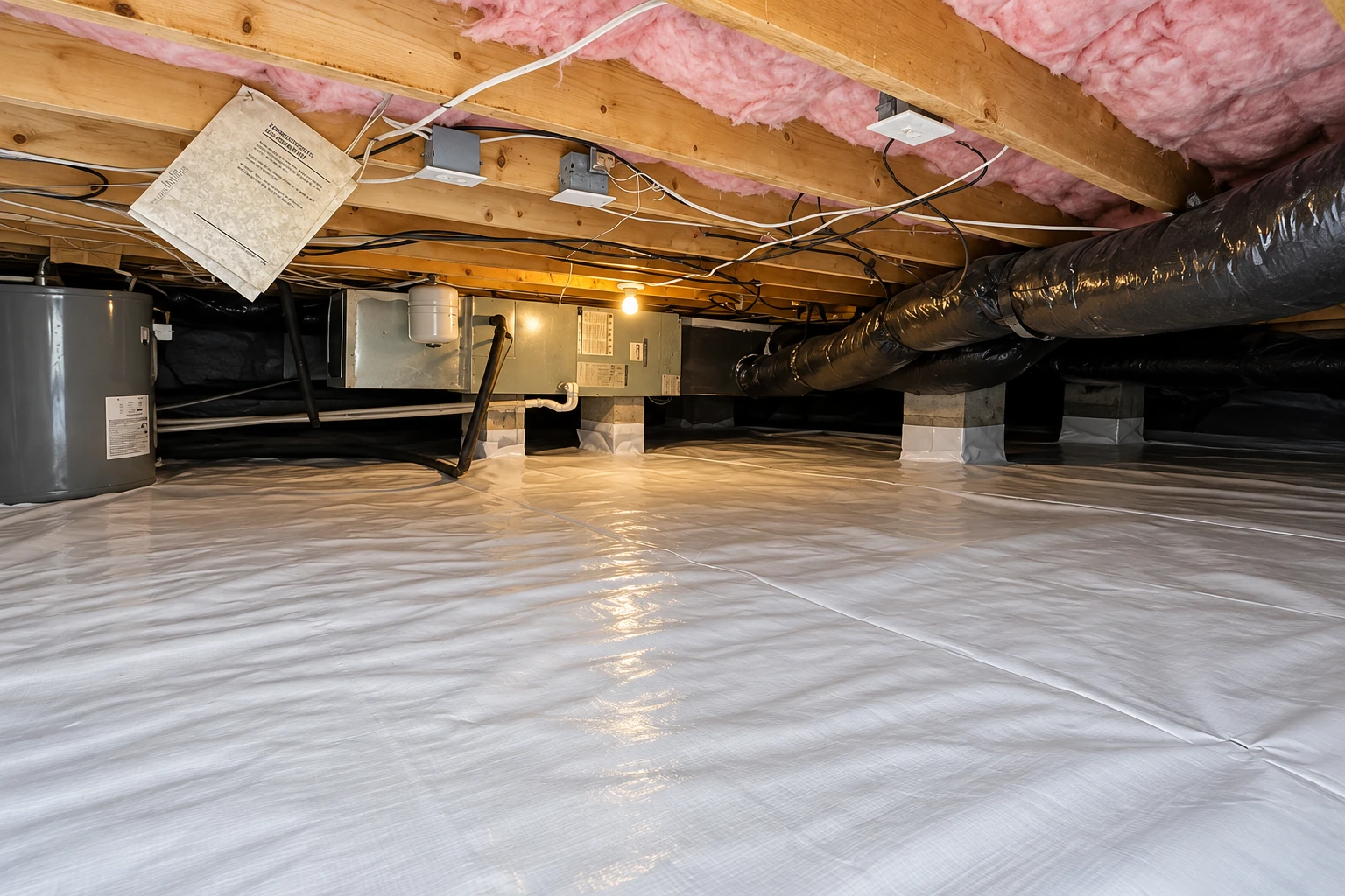A crawl space has a white plastic vapor barrier covering the floor beneath exposed joists, insulation, ducts, and equipment.